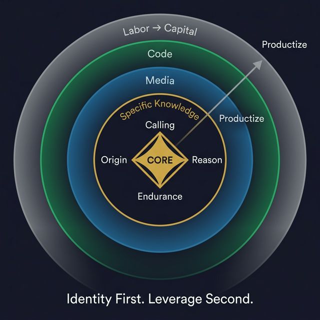 Productize Your CORE: identity (CORE) at the centre, leverage types radiating outward. Specific knowledge emerges from identity, not from skills. The further from the centre, the more commoditised the output.