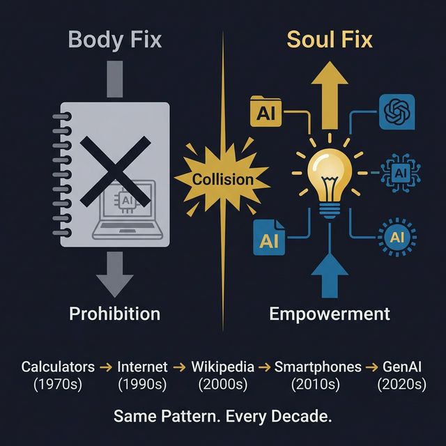 Body Fix vs Soul Fix: the prohibition approach (ban the tool, change the medium) contrasted with the empowerment approach (redesign assessment, teach purpose). The same pattern has repeated across calculators, internet, Wikipedia, smartphones, and now AI.