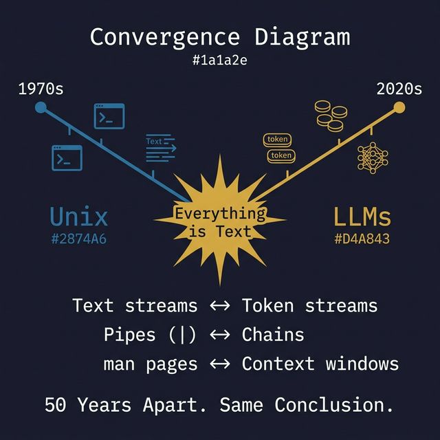 The 50-Year Convergence: Unix (1970s) and LLMs (2020s) independently converged on the same interface model. Text streams and token streams. Pipes and chains. Man pages and context windows. Same conclusion, half a century apart.