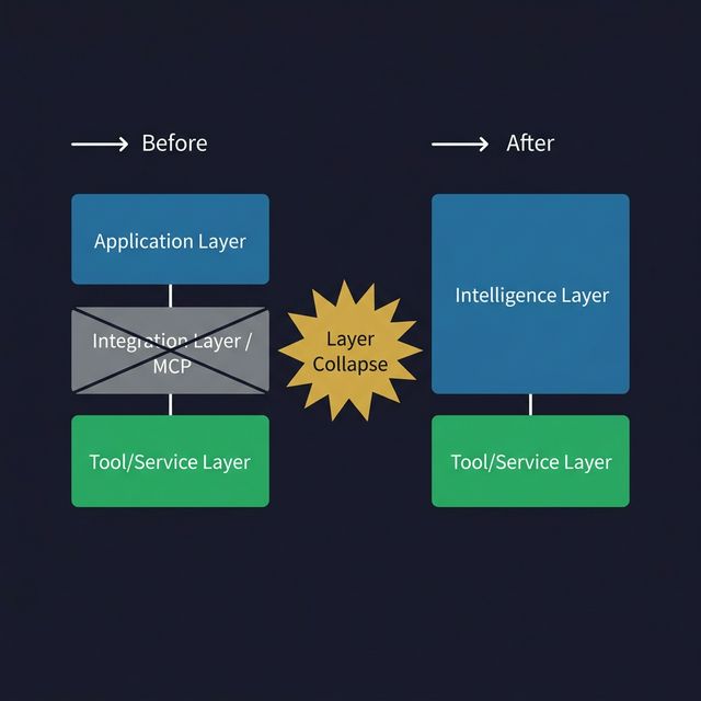 Layer Collapse: the Intelligence Layer absorbs the Integration Layer. Before: Application → Integration (MCP) → Tools. After: Application → Intelligence Layer → Tools directly.
