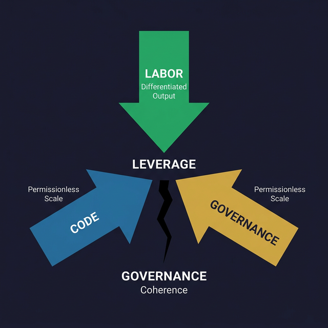 The Leverage Triangle: Labor (differentiated output) × Code (permissionless scale) × Governance (coherence). Without governance, the centre cracks.