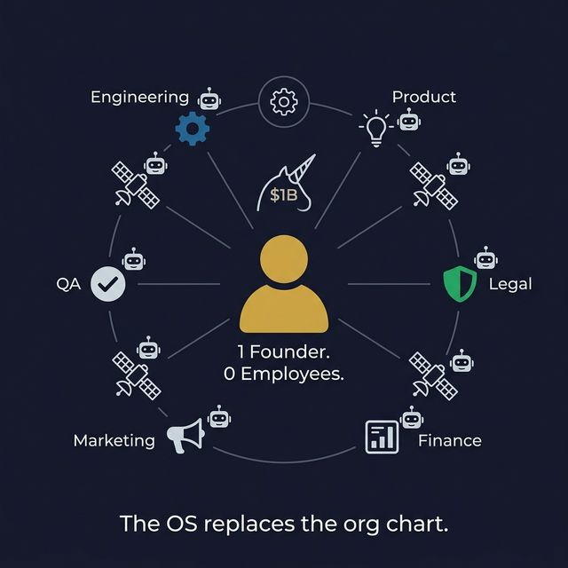 The One-Person Unicorn: a single founder at the centre, connected to AI agents replacing every traditional department. The OS replaces the org chart.